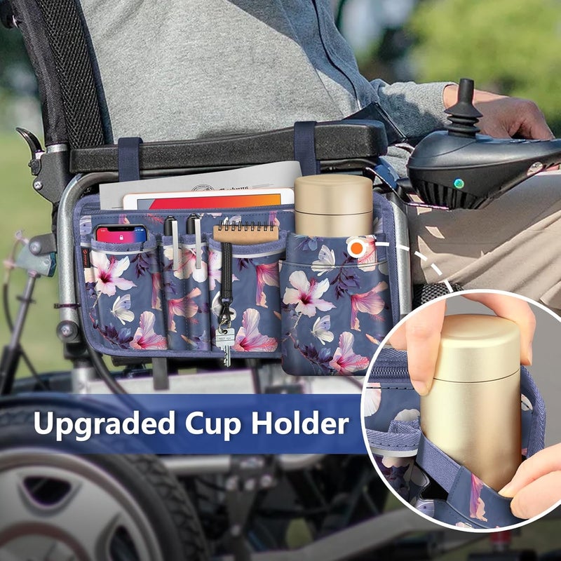 FINPAC Wheelchair Side Storage Bag w/Cup Holder, Wheelchair Armrest Accessories Pouch with Pen Slot and Reflective Strips for Power Walkers, Rollators, Seniors - Blooming Hibiscus - Image 3